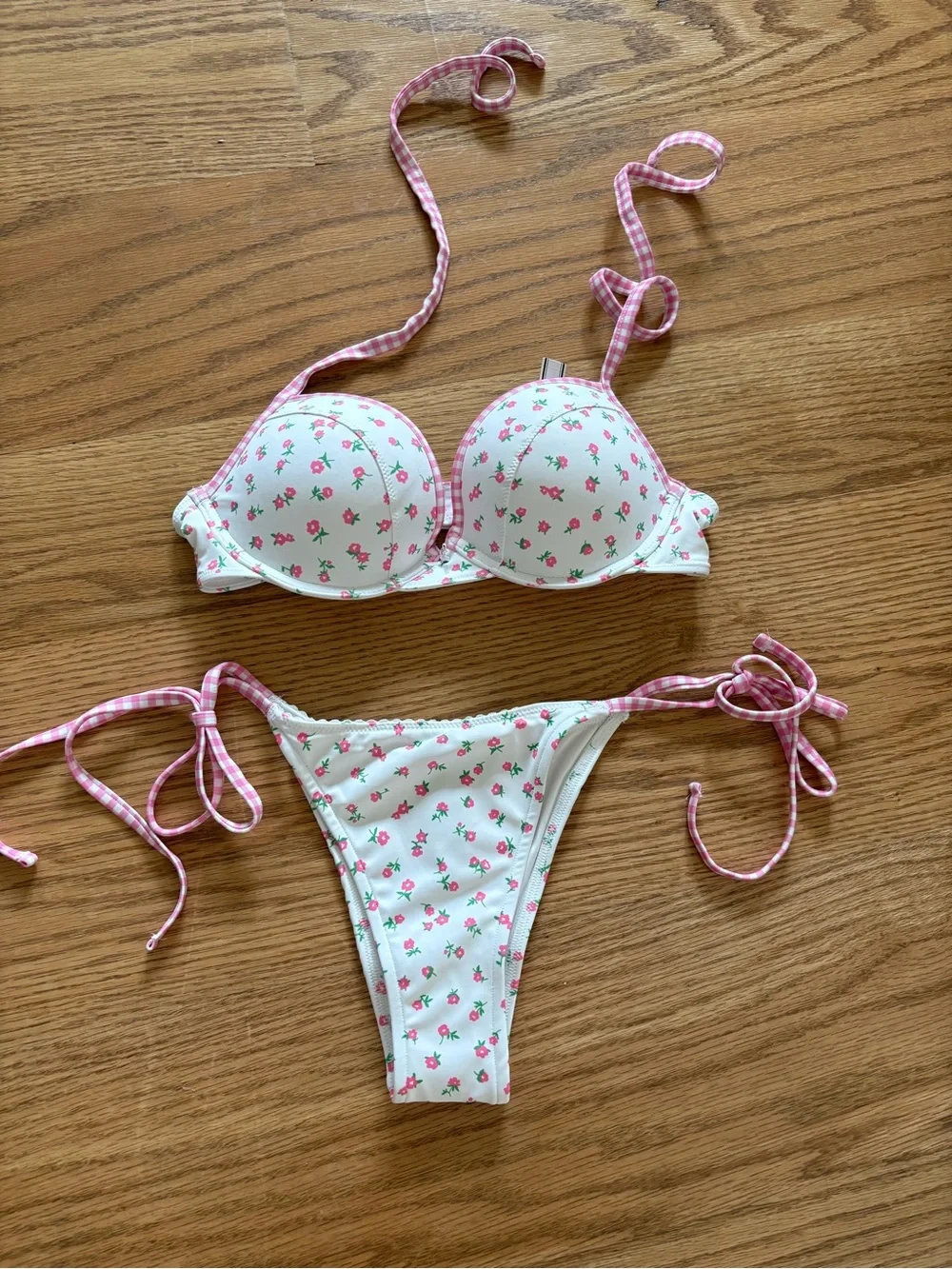 Frankie's Bikinis White Bikini with Pink Floral Print